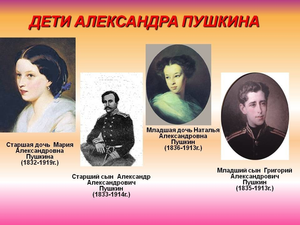 У сергеевича есть жена. Дети Пушкина и Гончаровой. Дети Натальи Гончаровой и Пушкина.